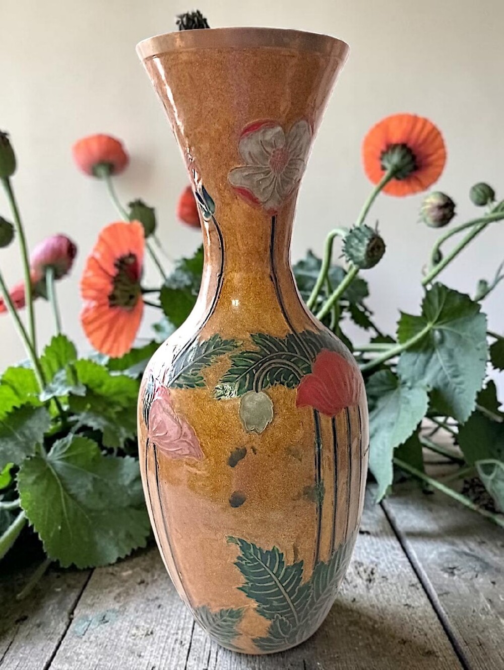 Vintage Enameled Brass Vase LARGE Cloisonne Champleve Ornate Etched Floral READ - Picture 15 of 16